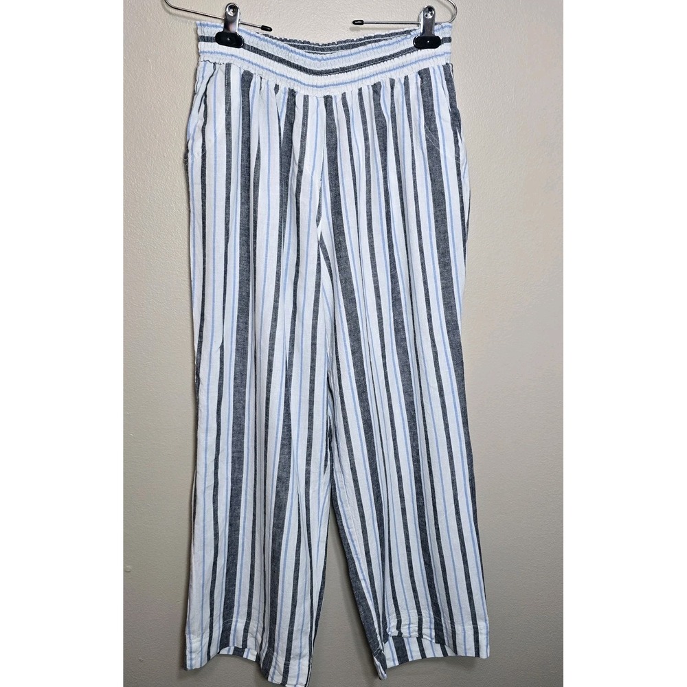 Land 'n Sea Pants Womens 1X Linen Blend Ankle Blue / White Striped Pull On